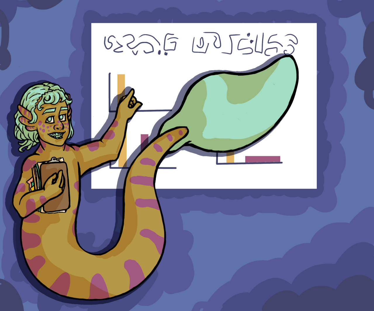 Digital illustration of a yellow mermaid with pink stripes floating in front of a presentation slide. She has seafoam green hair and tail fin, which is covering part of the slide, and she is pointing to a graph on the slide. Because part of it is covered, it is difficult to tell, but the slide resembles the meme "loss.jpeg."